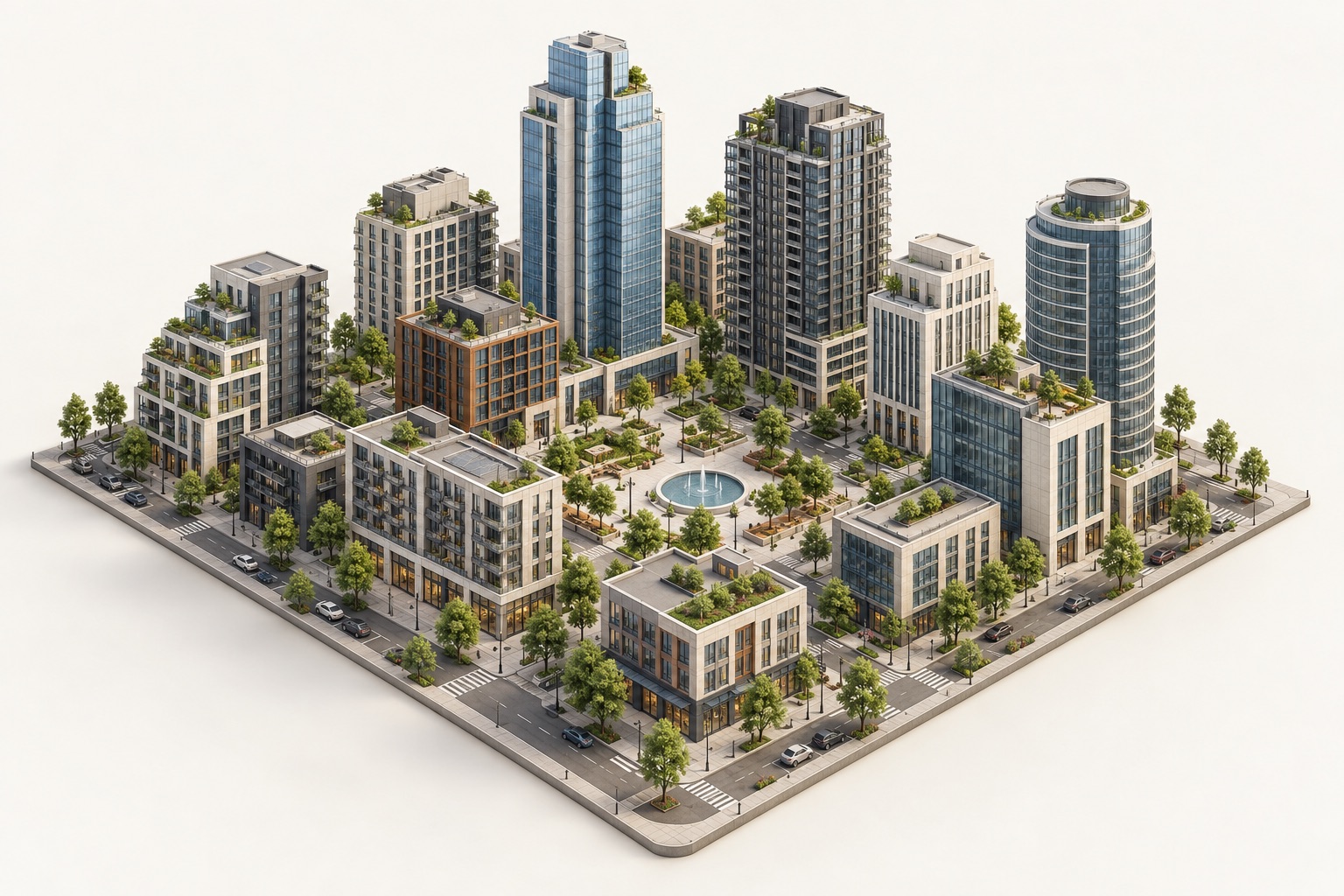 A city of towers and trees around a square